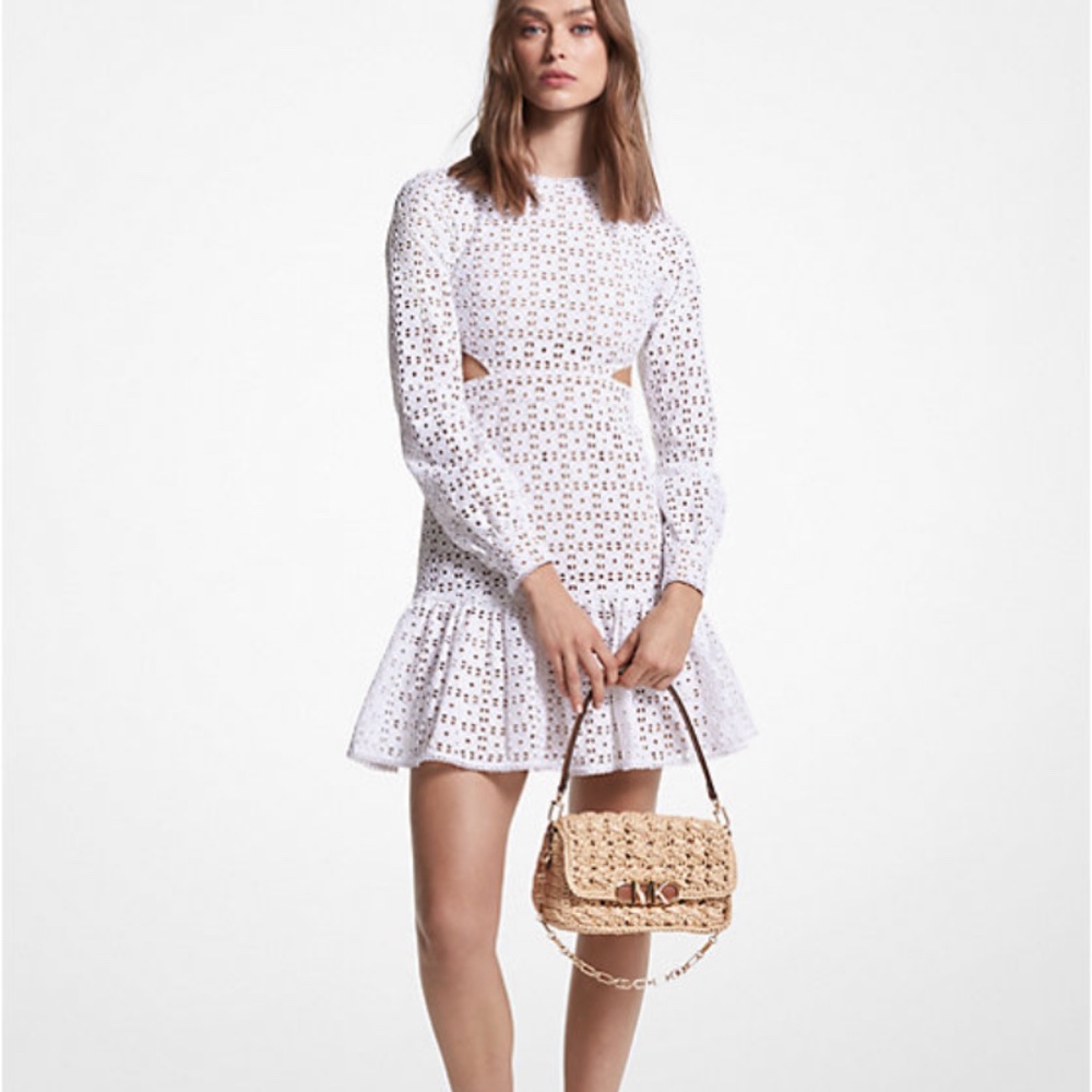 New🤍Michael Kors White Cotton Eyelet Cutout Mini Dress